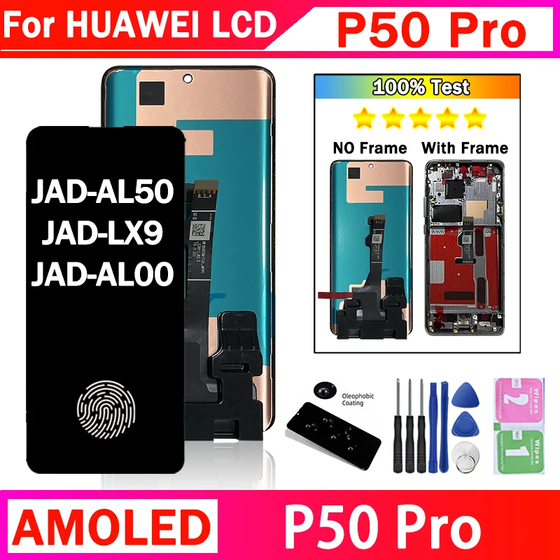 Gfensi 6.6 “oled para huawei p50 pro display lcd tela de toque digitador assembléia JAD-AL50, JAD-LX9, JAD-AL00 display com dedo
