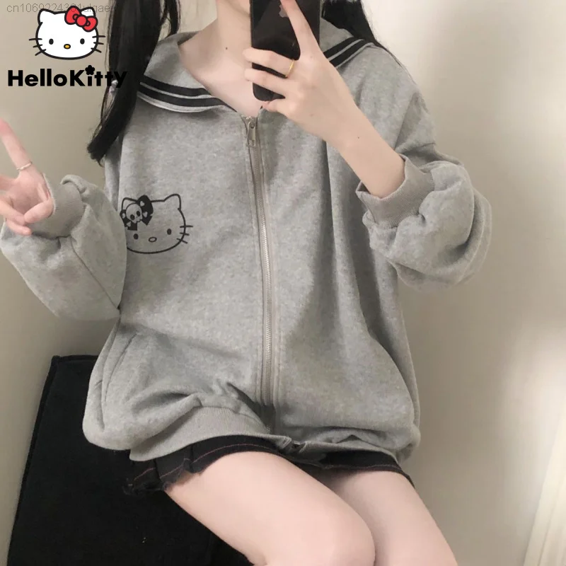 

Sanrio Hello Kitty New Clothes Y2k Navy Collar Zipper Top Shirt Women Cute Sweatshirts Spring Autumn Thin Coat Female Clothing