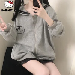 Sanrio Hello Kitty New Clothes Y2k Navy Collar Zipper Top Shirt Women Cute Sweatshirts Spring Autumn Thin Coat Female Clothing