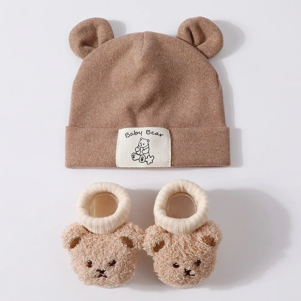 2Pcs/Set Cute Cotton Baby Hat Socks Set Soft Breathable Bear Ear Beanie Warm Cartoon Prewalker Socks for Newborn - view 4