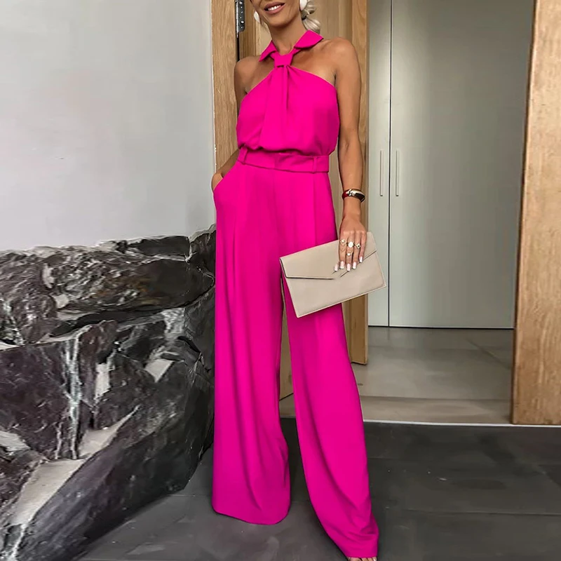 

2024 Sexy Off Shoulder Hight Waist Jumpsuit Women Casual Sleeveelss Wide Legger Solid Romper Elegant Pleated Loose Long Playsuit