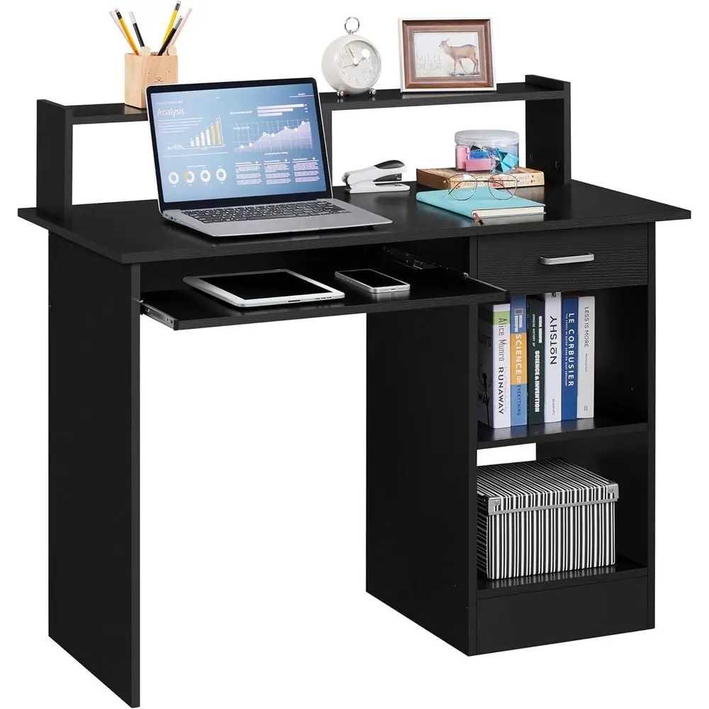 

Modern Wooden Computer Desk with Drawers, Pull-Out Keyboard Tray, Hutch and Storage Shelves, Black