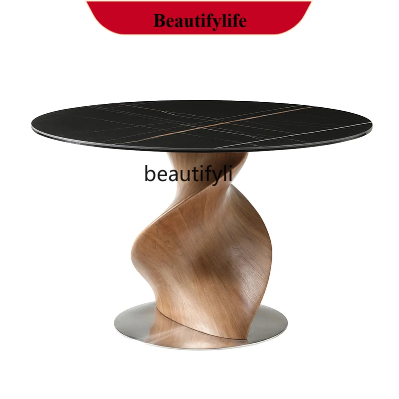 z183 Italian minimalist rock slab dining table round designer walnut light luxury dining table glass home modern simplicity