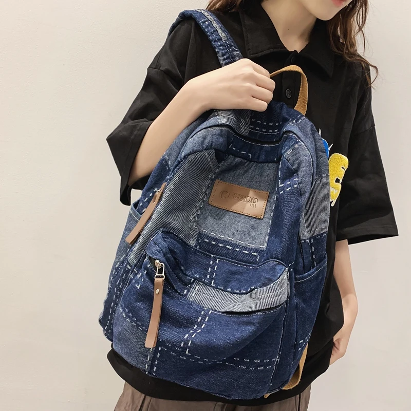 Trendy Cool Patch Women Backpack Washed Denim College Backpack Men Female Laptop School Bags Large Capacity Travel Shoulder Bag