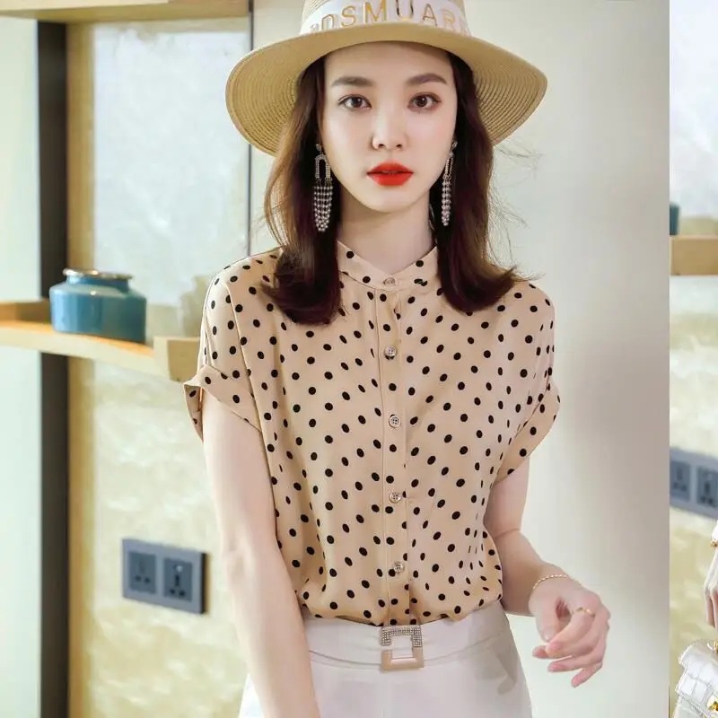 Polka Dot Chiffon Fashion Blouse Summer New Short Sleeve Button Loose All-match Shirt Tops Office Lady Elegant Women Clothing
