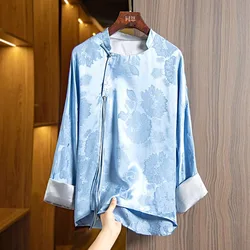 Satin Chinese Style Women's Shirt Printed Vintage Blouses Spring/Summer Clothing Loose Fashion Long Sleeves Women Tops