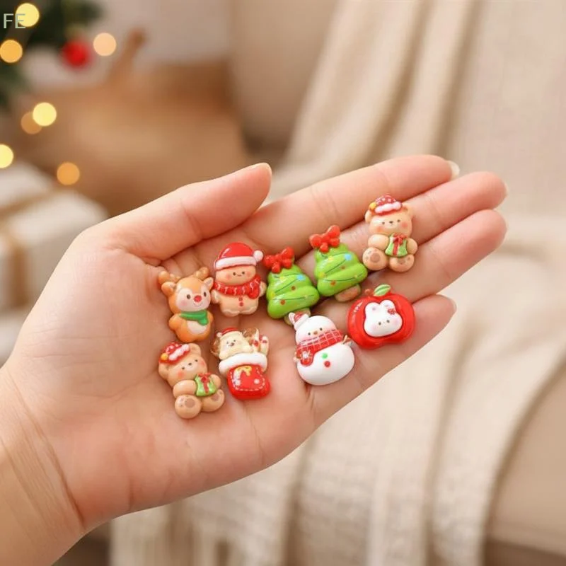 [F] 10pcs Cute Cartoon Christmas Christmas Tree Resin Flatback Cabochon DIY For Phone Case Hairpin Keychain Earrings Scrapbook