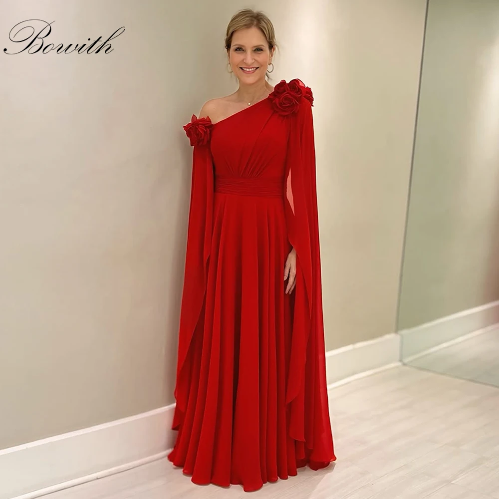 

Красные шифоновые вечерние платья Bowith, элегантные женские вечерние платья на одно плечо, драпированные платья для выпускного вечера с цветами ручной работы по индивидуальному заказу