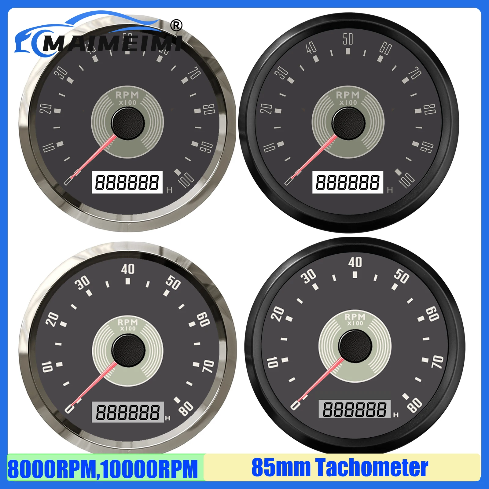 

MAIMEIMI Ретро Стайлинг 8000 об/мин, 10000 об/мин 85 мм тахометр красный/желтый указатель с подсветкой тахометр для автомобиля, лодки, яхты 12 В 24 В