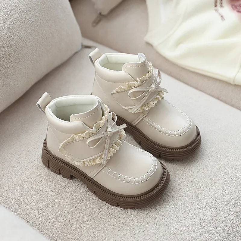 Little Girls Lace Bow Decor Ankle Boots, Toddler Sweet Princess Short Side Zipper Non-Slip Thick Sole Fashion Cute Loli Style