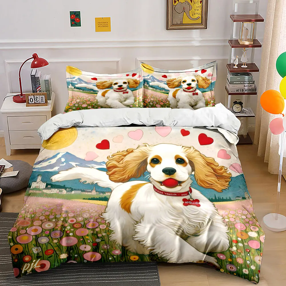 Cute Cavalier King Charles Spaniel in Flower Field 3PCS Bedding Set Soft Bed Sheet Pillowcase Set for Dog Lovers Bedroom Decor