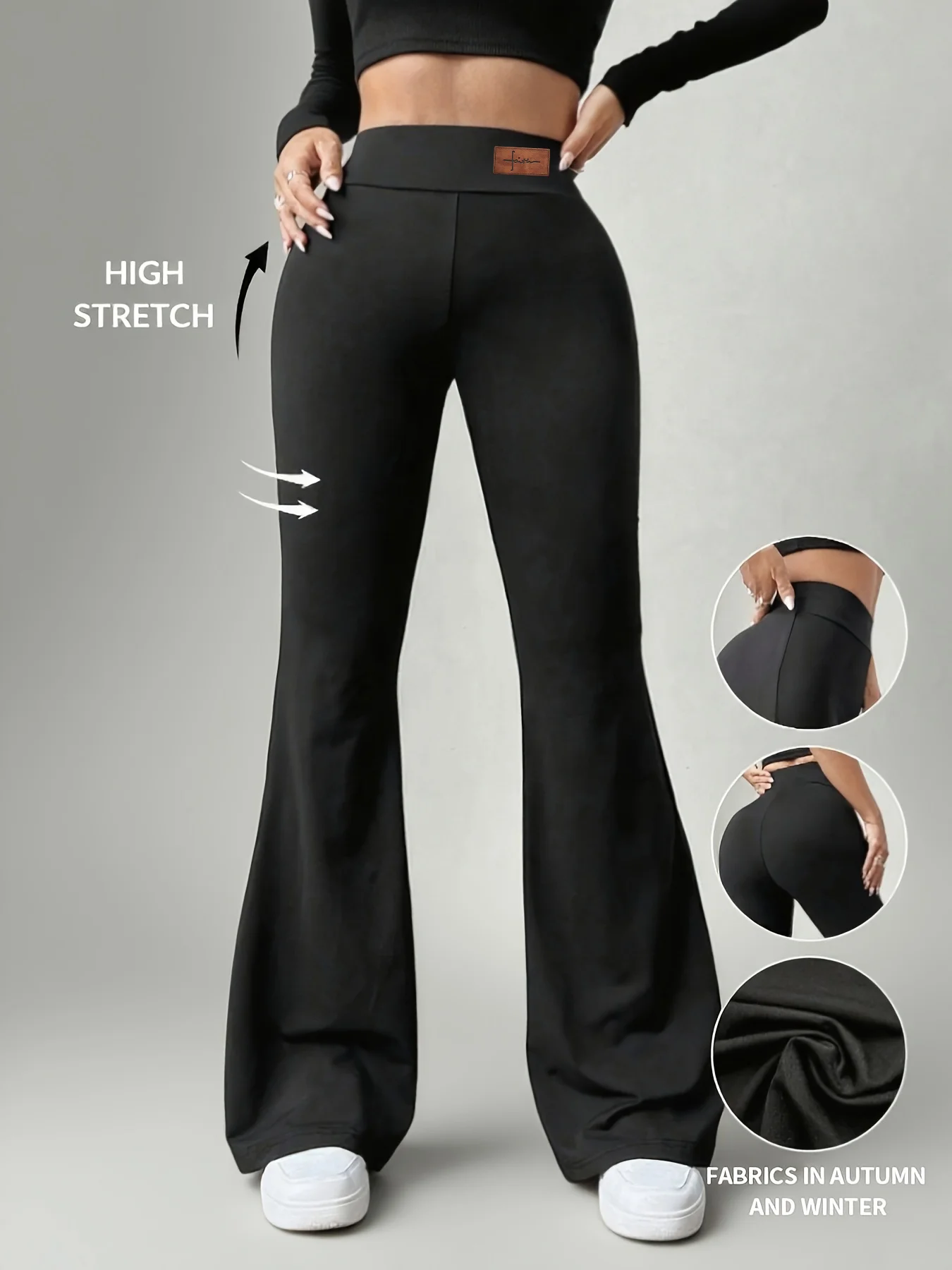 

Женские черные спортивные брюки на весну с легким расклешением, высокой талией, эластичные, из комфортной ткани.