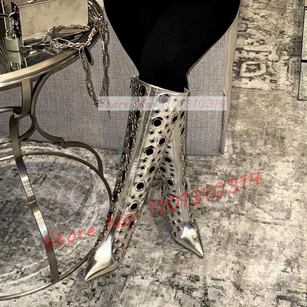 Silver Metal Eyelet Long Boots Ladies Sexy Trendy Pointy Toe Streetwear High Heels Boots Women Punk Side-zip Party Outfit Shoes