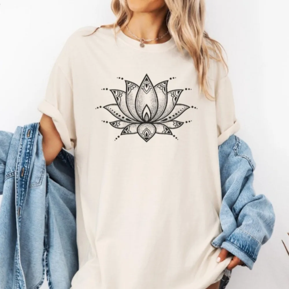 

Lotus Flower Graphic Tee Womens T-Shirt Women Clothing Graphic Kawaii Clothes Women Clothes Oversized T Shirt