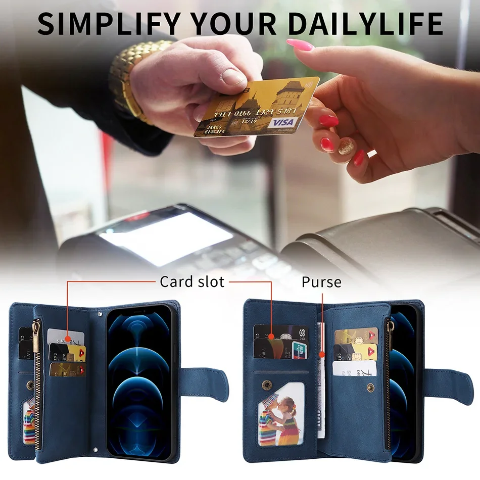 Flip Leather Case For Samsung S24 S23 S22 Ultra S20 Fe A14 A24 A34 A54 A13 A23 A33 A53 Zipper Wallet Multi Card Slots Cover