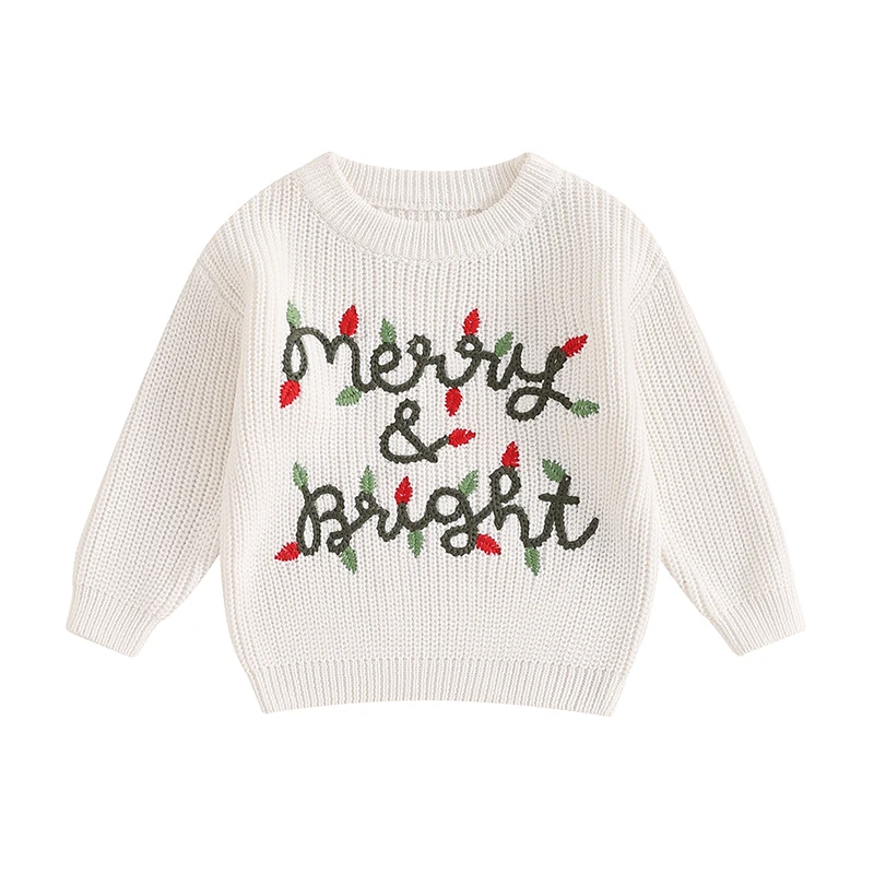 

Рождественский свитер для малышей, легкие пуловеры с вышивкой и круглым вырезом, длинными рукавами и надписью