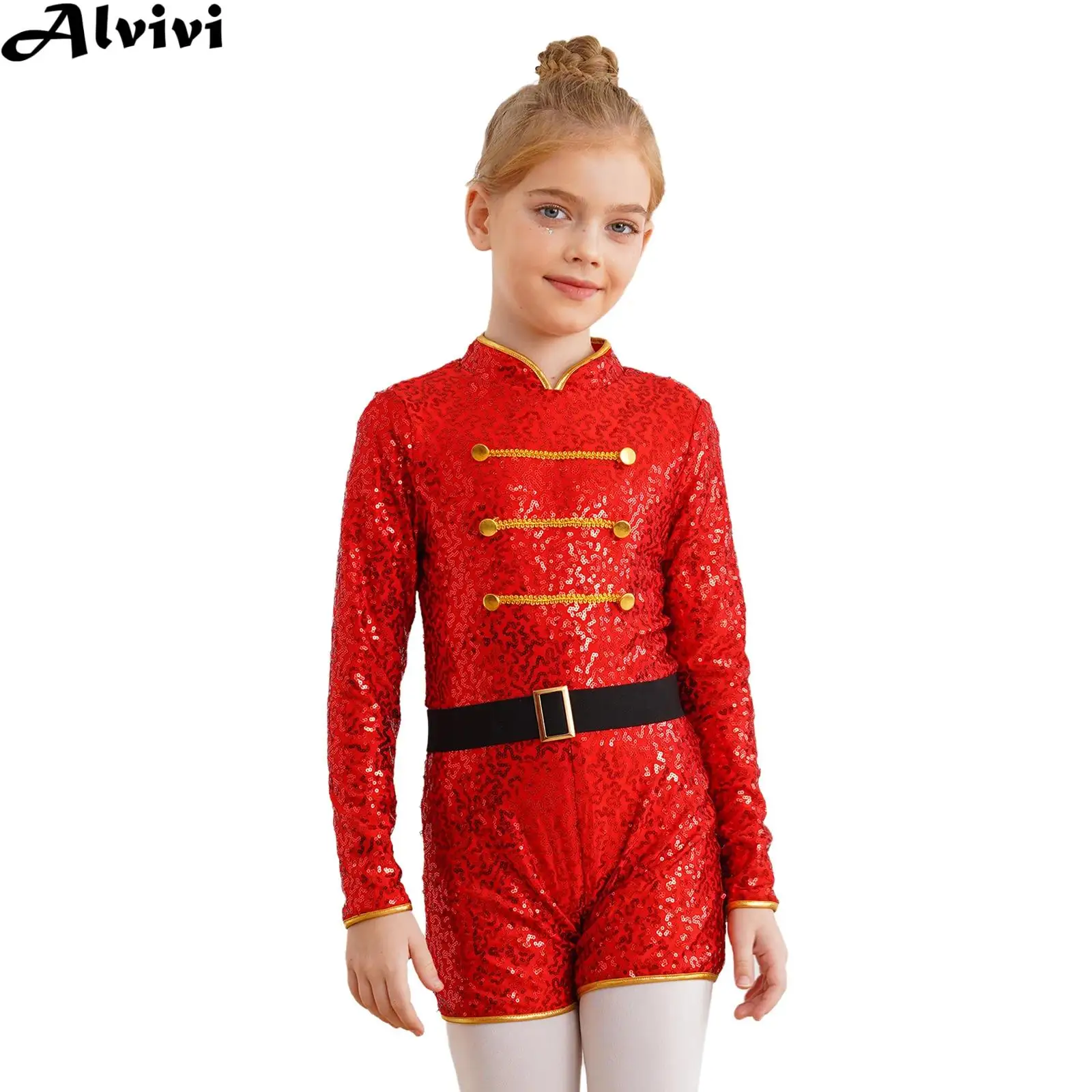 Kids Girls Long Sleeve Shiny Sequin Dance Bodysuit with Belt Halloween Carnival Theme Party Circus Ringmaster Cosplay Costume