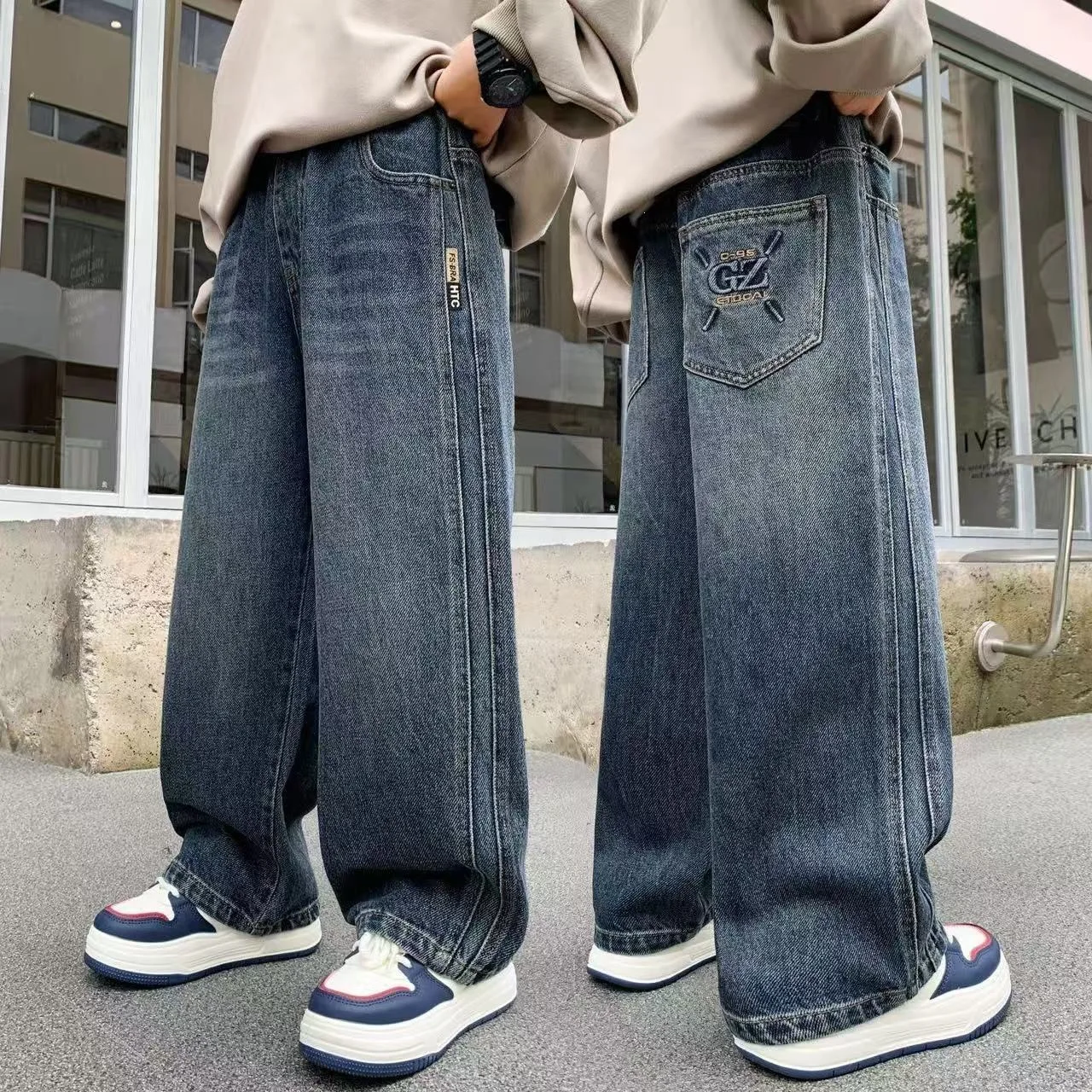 Kids Boy Winter Warm Slim Straight Insulated Jeans with Side Stripes Elegant Children Grey Color Thick Thermal Denim Pants 4-14Y