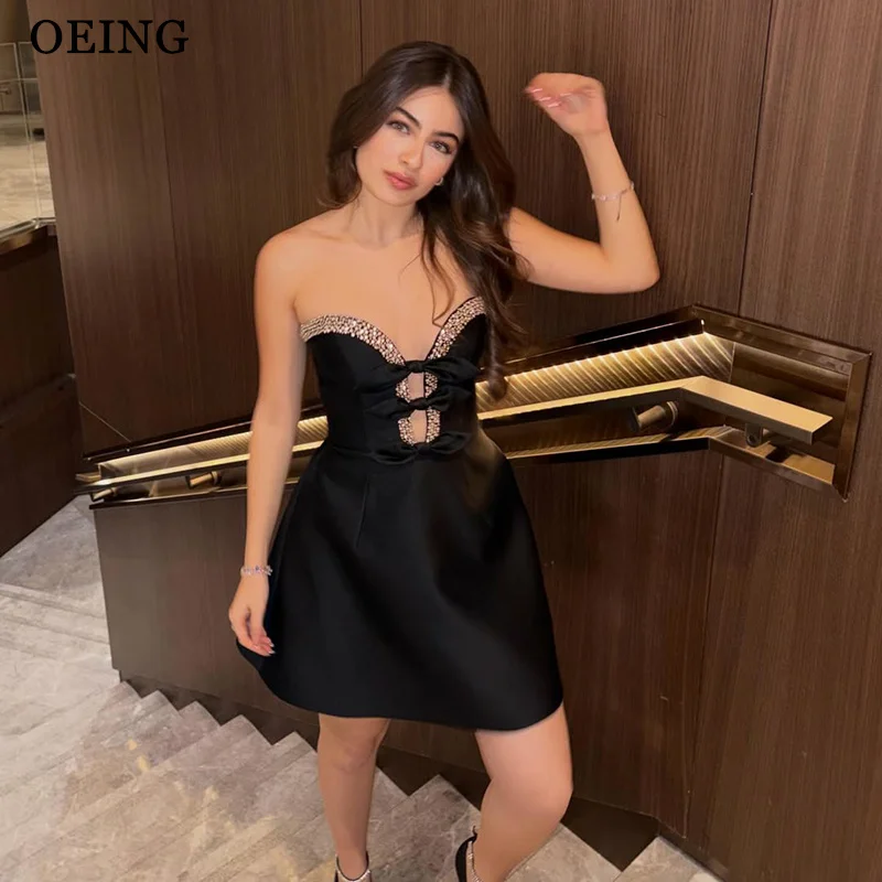 

OEING Simple Princess A-Line Prom Dresses Satin Black Beading Bows Sleeveless Mini Birthday Party Dresses vestidos Customized