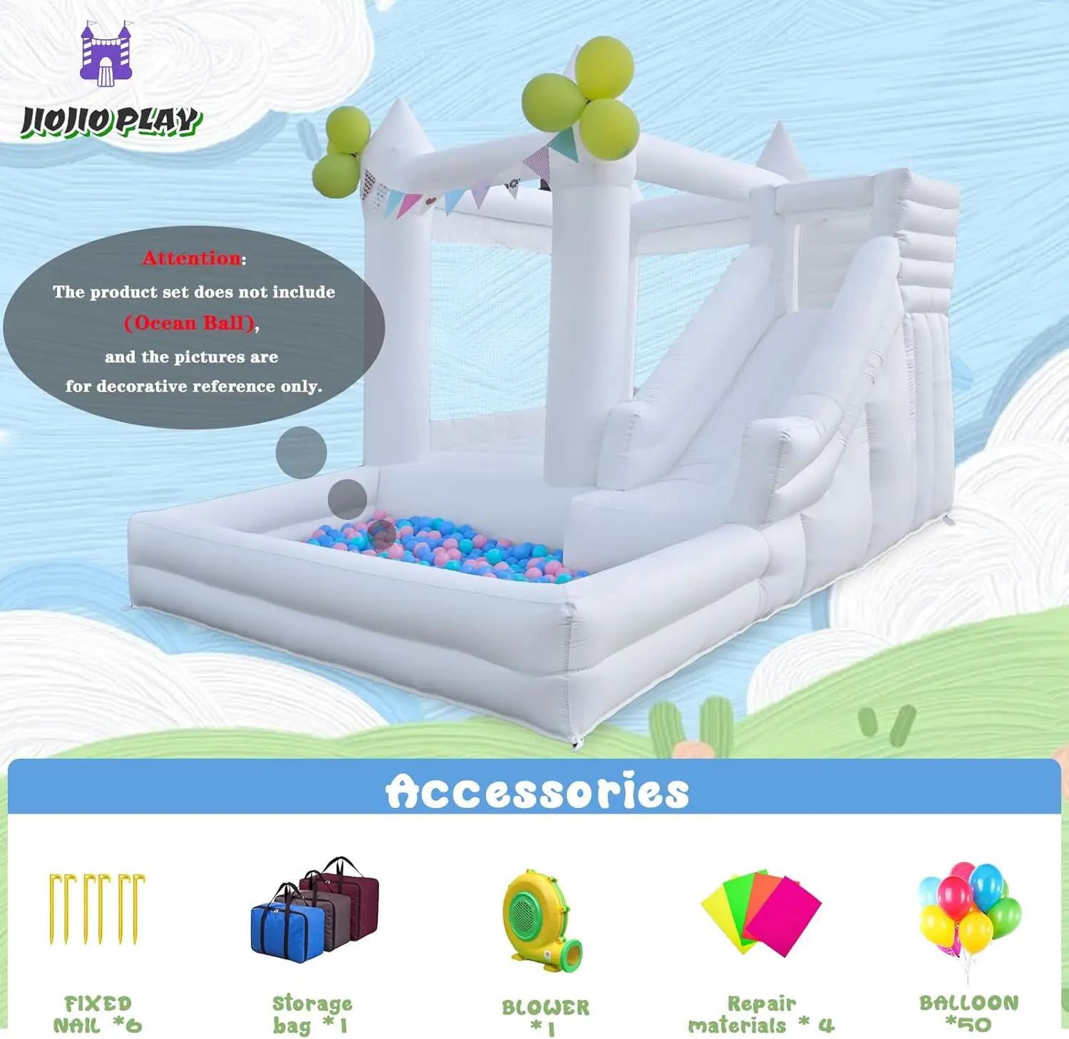 Maison de rebond gonflable blanche Oxford de 12 pieds, maison de rebond avec fosse à balles, maison de rebond avec toboggan, grand gonflable intérieur et extérieur