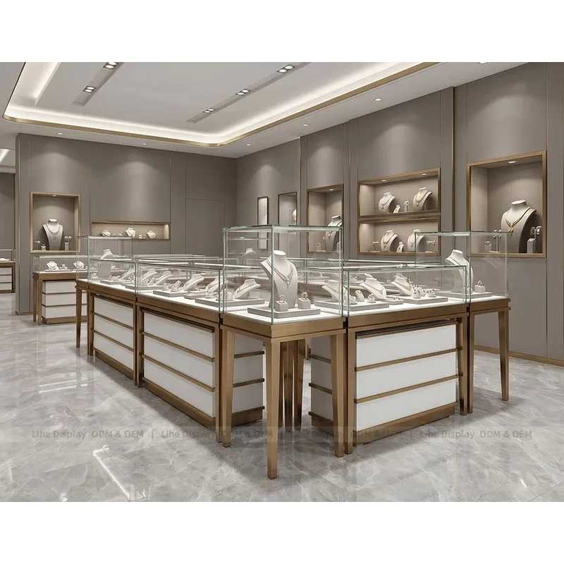 custom.Luxury Tempered Glass Glossy White Complete Jewelry Furniture Jewelry Glass Display Cabinet