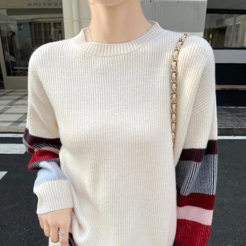 100% laine mérinos nouveau col rond tricoté pull pull cachemire manches longues minceur couleur-blocage doux vêtements de sport haut