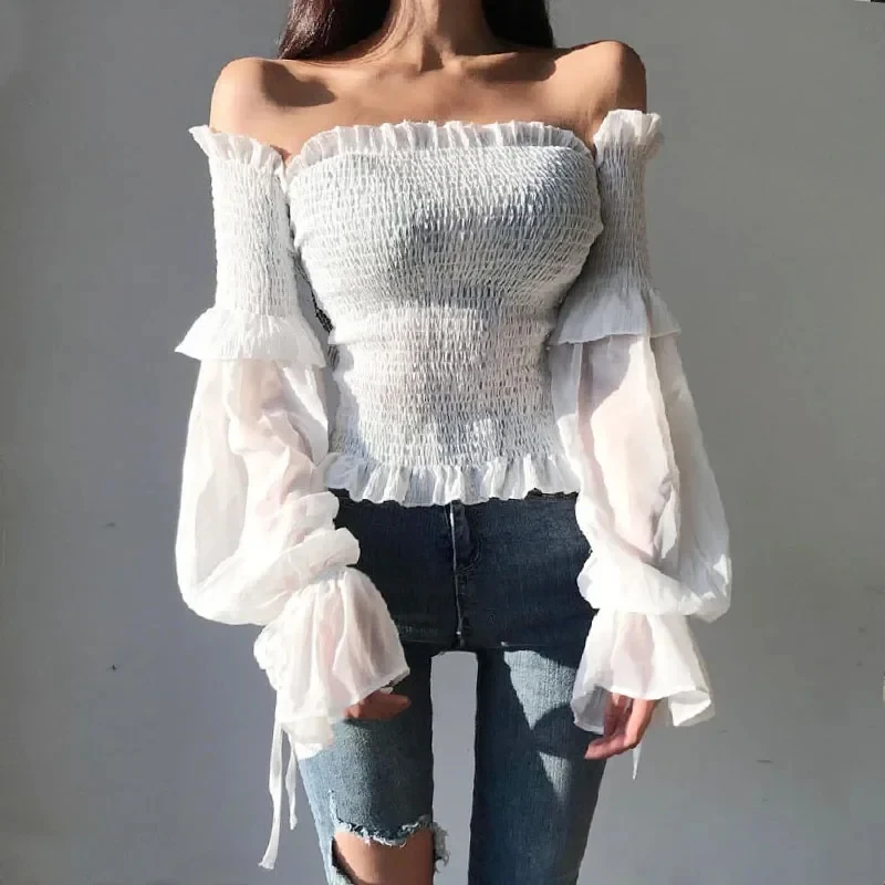 Off Shoulder Fashion Pleated Bow Blouse 2024 Spring Women Long Sleeve Cropped Tops Solid Color Ladies Shirt Lace Up Corset 12813