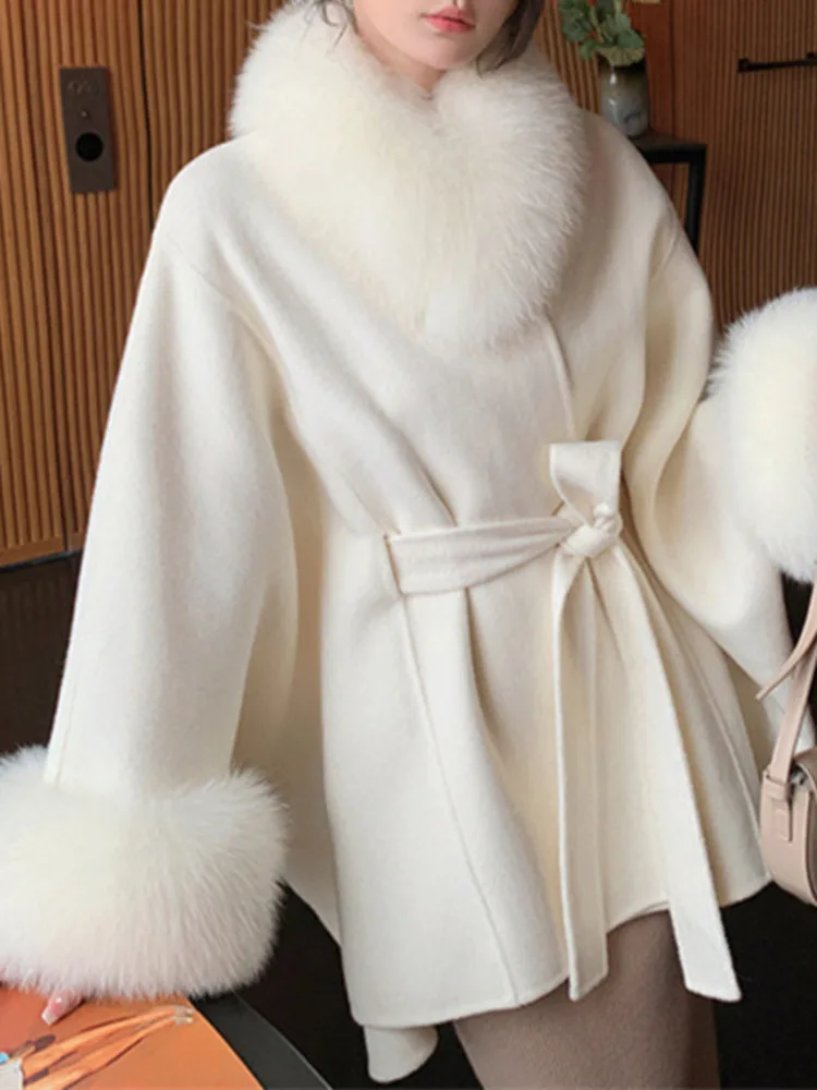 UCXQ Elegant Woolen Coat European Style Fox Fur Collar Cape Shawl Loose All Match Fashion Women\'s Coats 2024 Autumn Winter C2400