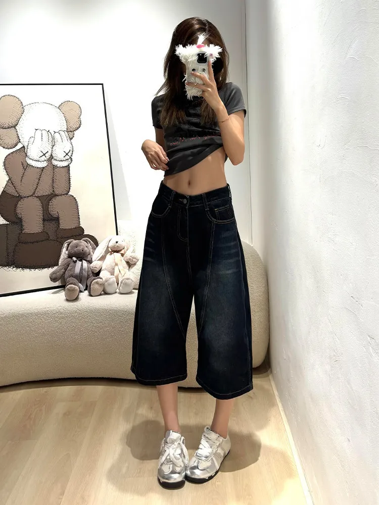 Summer Women's Alphabet Embroidery Pattern Denim Shorts High Waist Pants Girls Calf-length Trousers Female Wide Leg Streetwear
