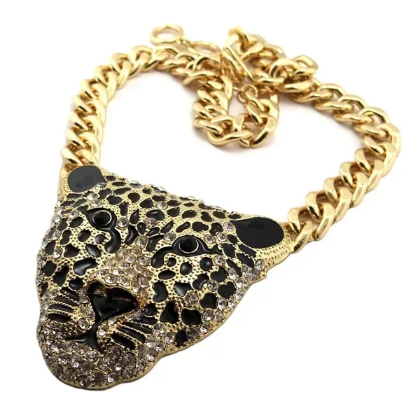 Super Large Alloy Leopard Head Pendant Necklace for Women Hollow Rhinestone Gothic Men's Collar Cuban Chain Halloween Jewelry