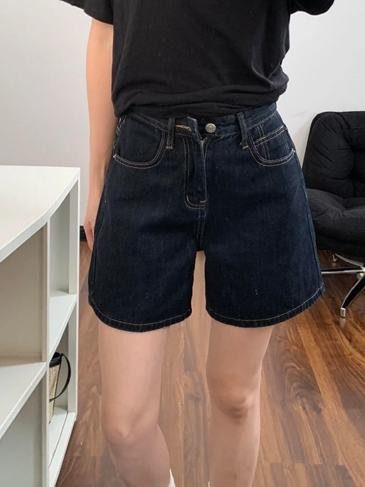 

Retro American Blue Denim Shorts Women's Summer New Style High Waist Wide Leg Pants Casual Wear Resistant Trousers