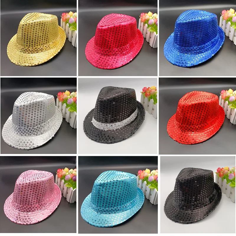 

10pcs Sequin Top Hat Silver Jazz Fedora Magician Costume Party Accessory for Adults
