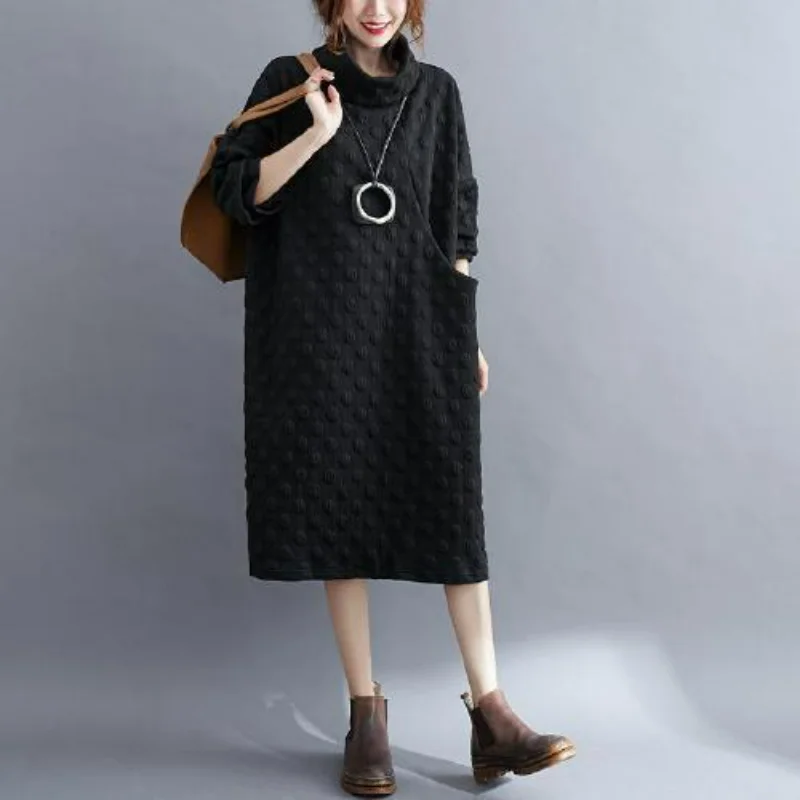 Vintage Fashion High Collar Oversized Elegant Chic Dresses for Women Autumn Winter Simple Solid Long Sleeve Pockets Midi Dress