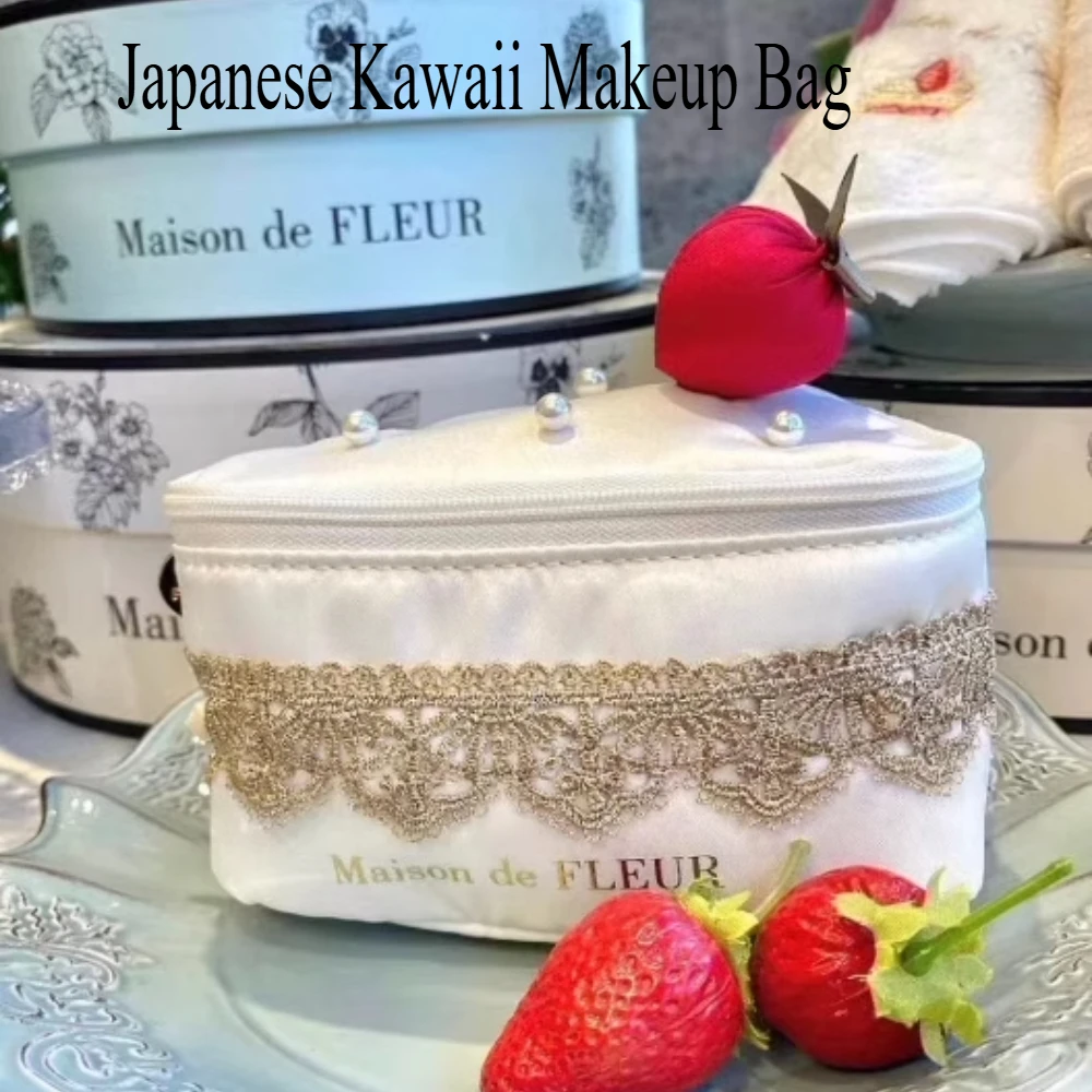 Japanese Kawaii Makeup Bag Pink Lace Cosmetic Bag Woman Cute Rose Lace Strawberry Cake Hand Makeup Storage Bag