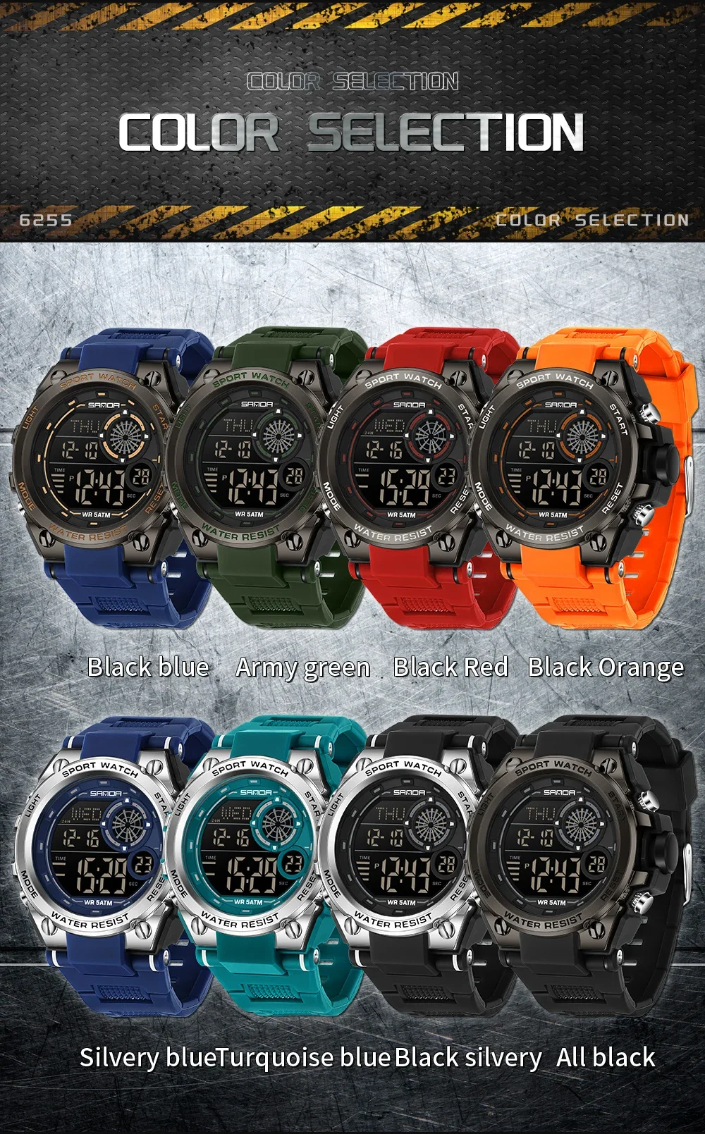 SANDA 6255 Orologio elettronico da uomo di moda Sport all'aria aperta Orologio elettronico da uomo multifunzionale impermeabile con luce notturna a LED 2025