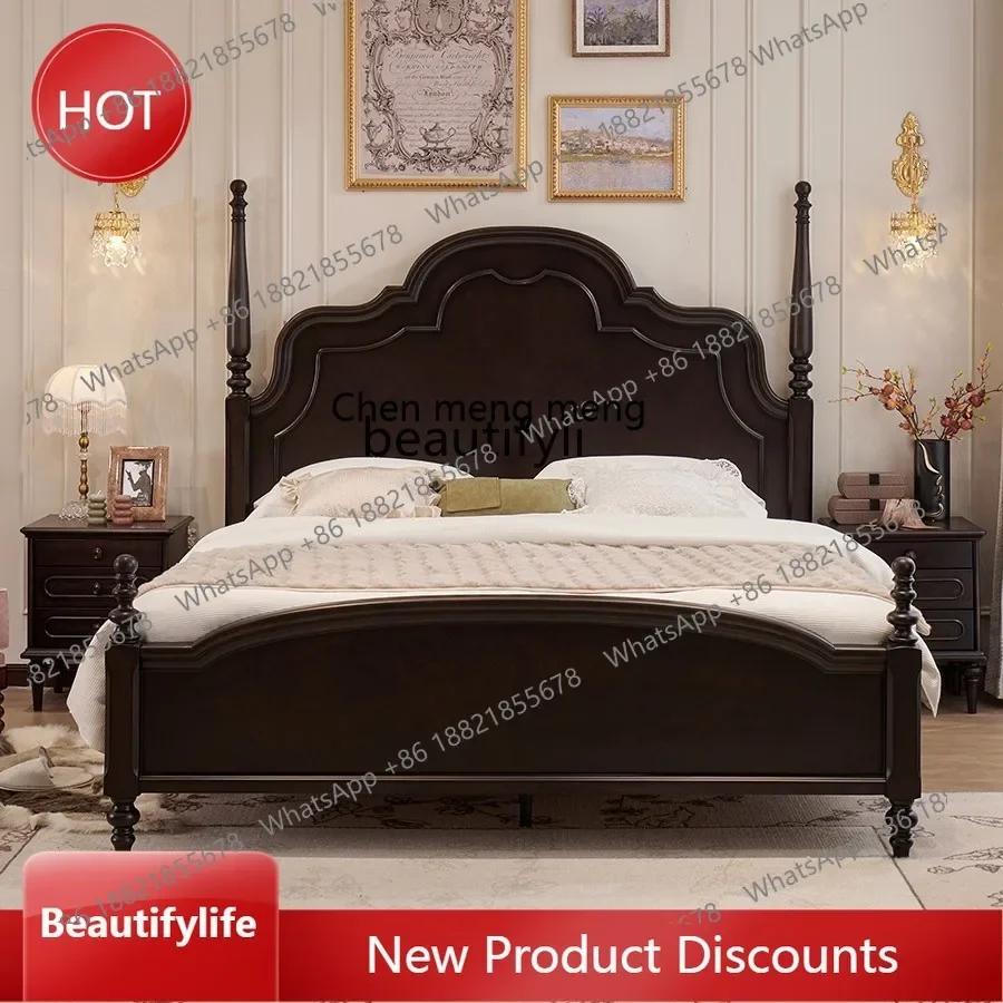 Medieval Style Solid Wood Double Bed American Roman Column Bed Black High-end French Style