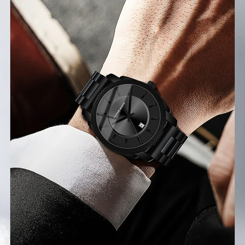 HANNAH MARTIN Watches for Men 1452 Black Luxury Quartz Watch Stainless Steel Strap Waterproof Mens Watches Relogios Masculino