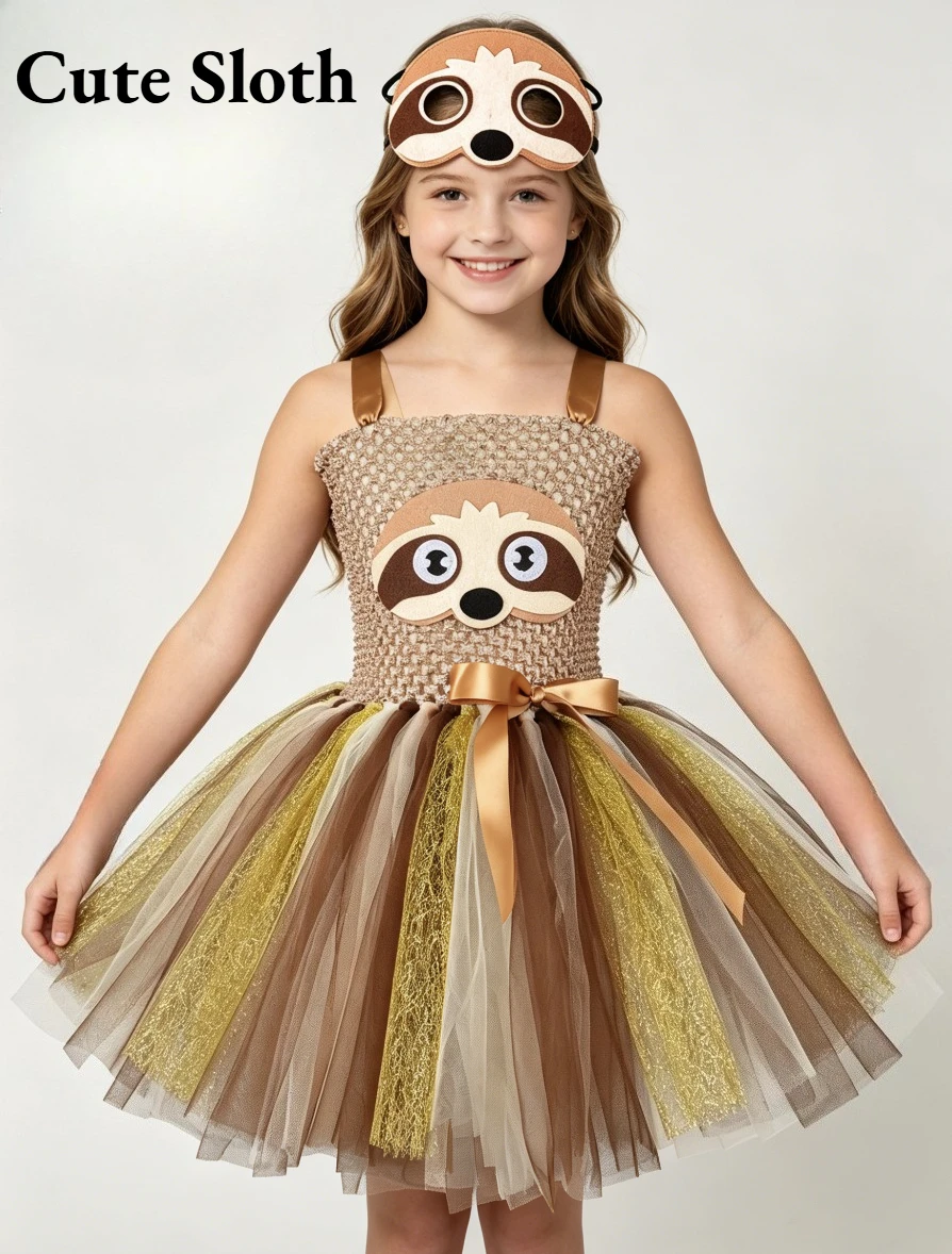 

Cartoon Sloth Themed Tulle Dress With Mask Set Kids Layered Fluffy Outfit For Children's Day Halloween Party Performance Wear