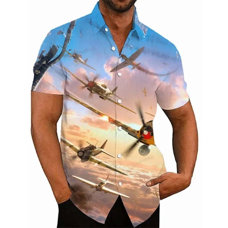 3D Print Fighter Plane Hawaiian Shirt Men Aircraft Pattern Aloha Shirts Summer Short Sleeve Button Lapel Tops Streetwear Blouse