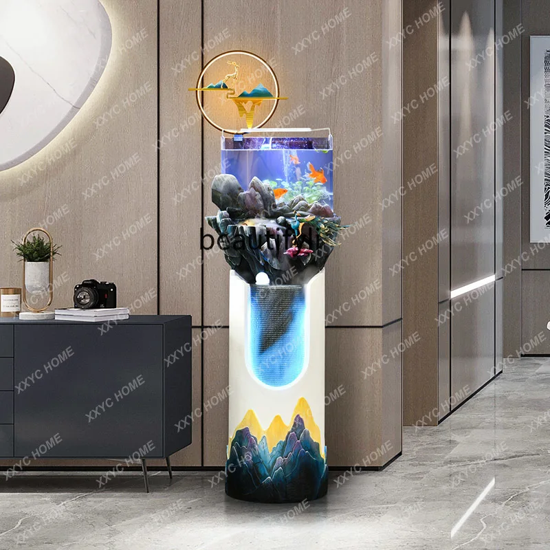 

A Modern light luxury simple fish tank landscaping living room floor-to-ceiling running water peacock decorative ornament