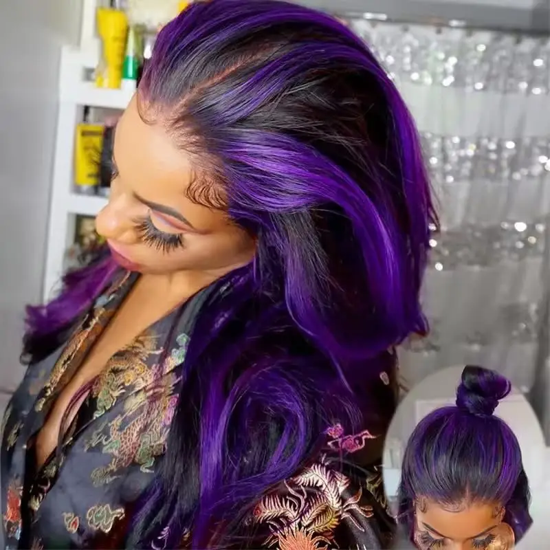 

13x6 Highlight Purple Ombre Human Hair Wigs for Women 220% Density Body Wave 13x4 Lace Frontal Black and Purple Lace Front Wigs