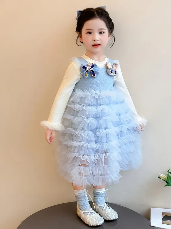 

Princess Style Long Sleeve Blue Tulle Dress Set for Girls Spring Season Fashionable Strap Cake Skirt Two Piece Set Breathable...