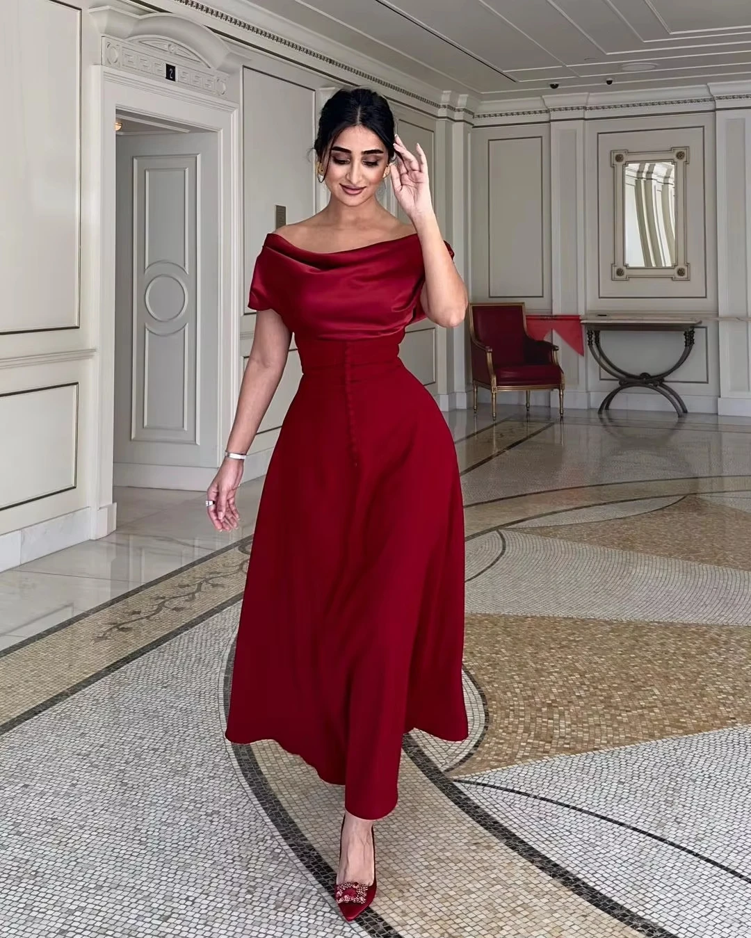 فستان سهرة عربي مخصص بطول الكاحل بدون أكتاف مطرز باللون العنابي فستان حفلات بدون حمالات دبي للنساء لحفلات الزفاف الرسمية D