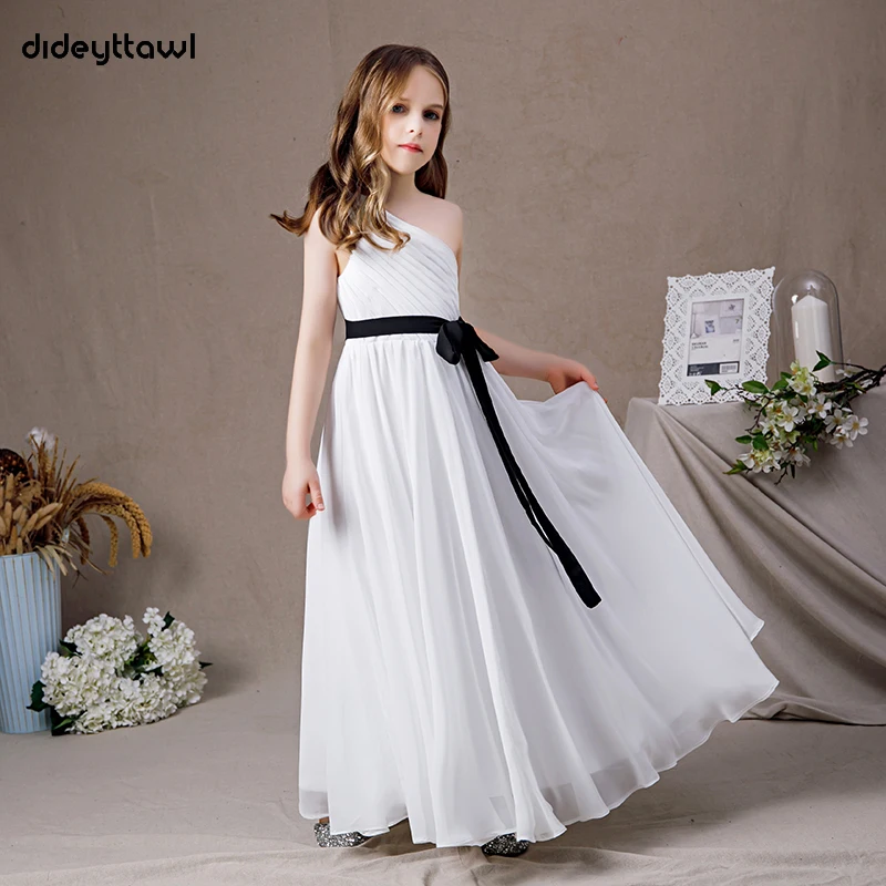 Dideyttawl personalizado branco chiffon um ombro flor meninas vestido crianças festa de aniversário júnior vestido de dama de honra primeira comunhão