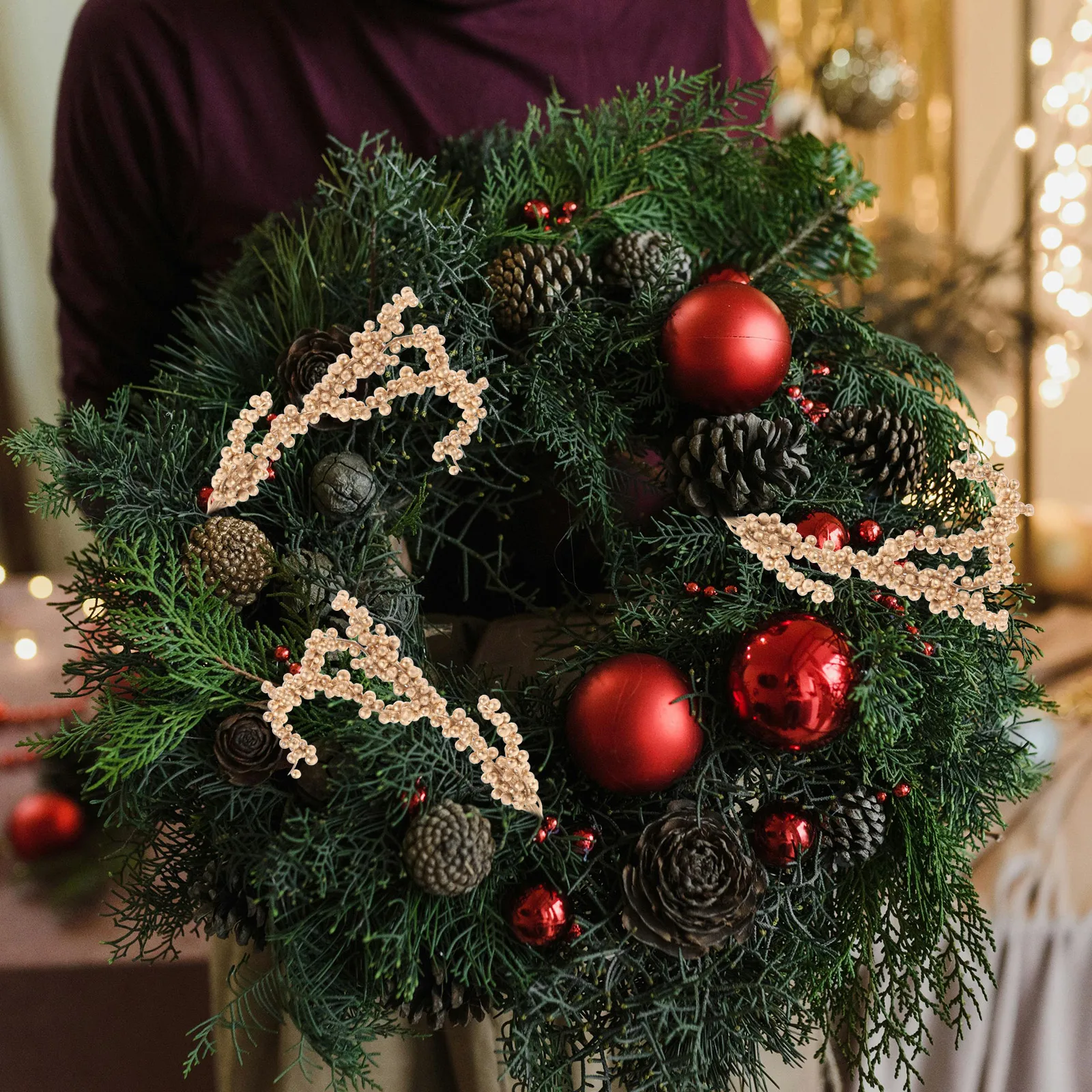 

3pcs Artificial Berries Gold Christmas Tree Decor Berry Branches Photography Props Gift Wrapping Ornament Simulated Flower Home