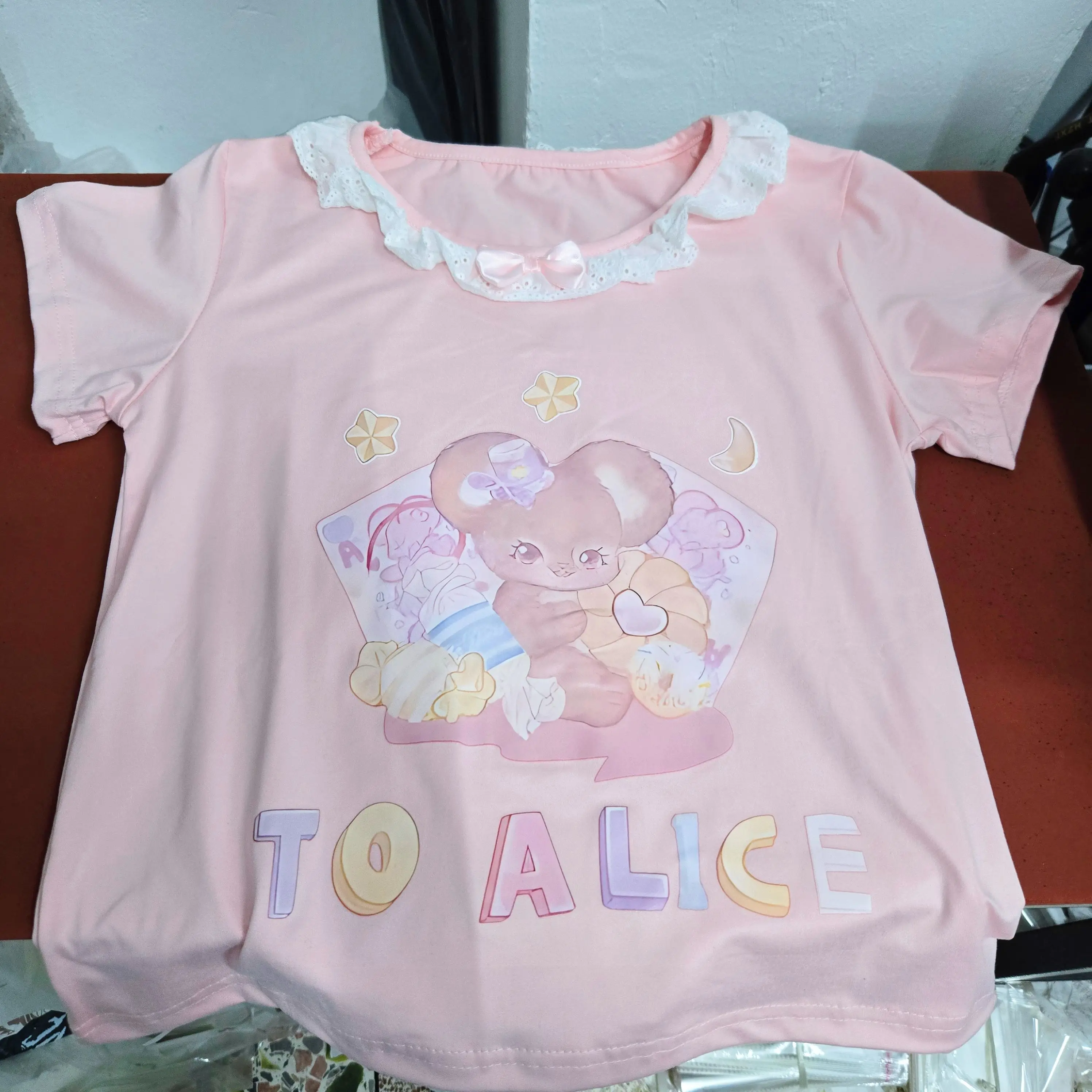 

Cute Summer ort Sve T-irt with Lace Trim And Knot for Girls Student Soft Sister Versatile Sweet Japanese Sle