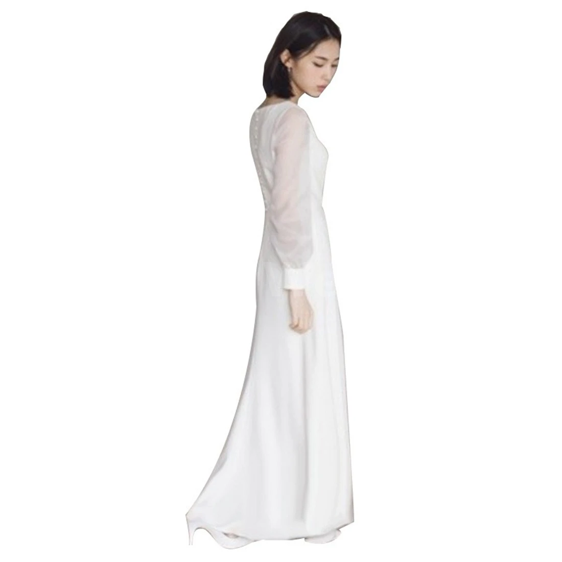 New Arrival V-Neck Chiffon A-Line Wedding Dress with Button Long Sleeves Customized