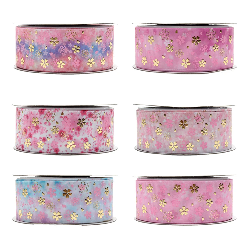 

Japanese Cherry Flower Foil Golden Ribbon Printed Grosgrain Ribbon 38mm 50yards/lot for DIY bows