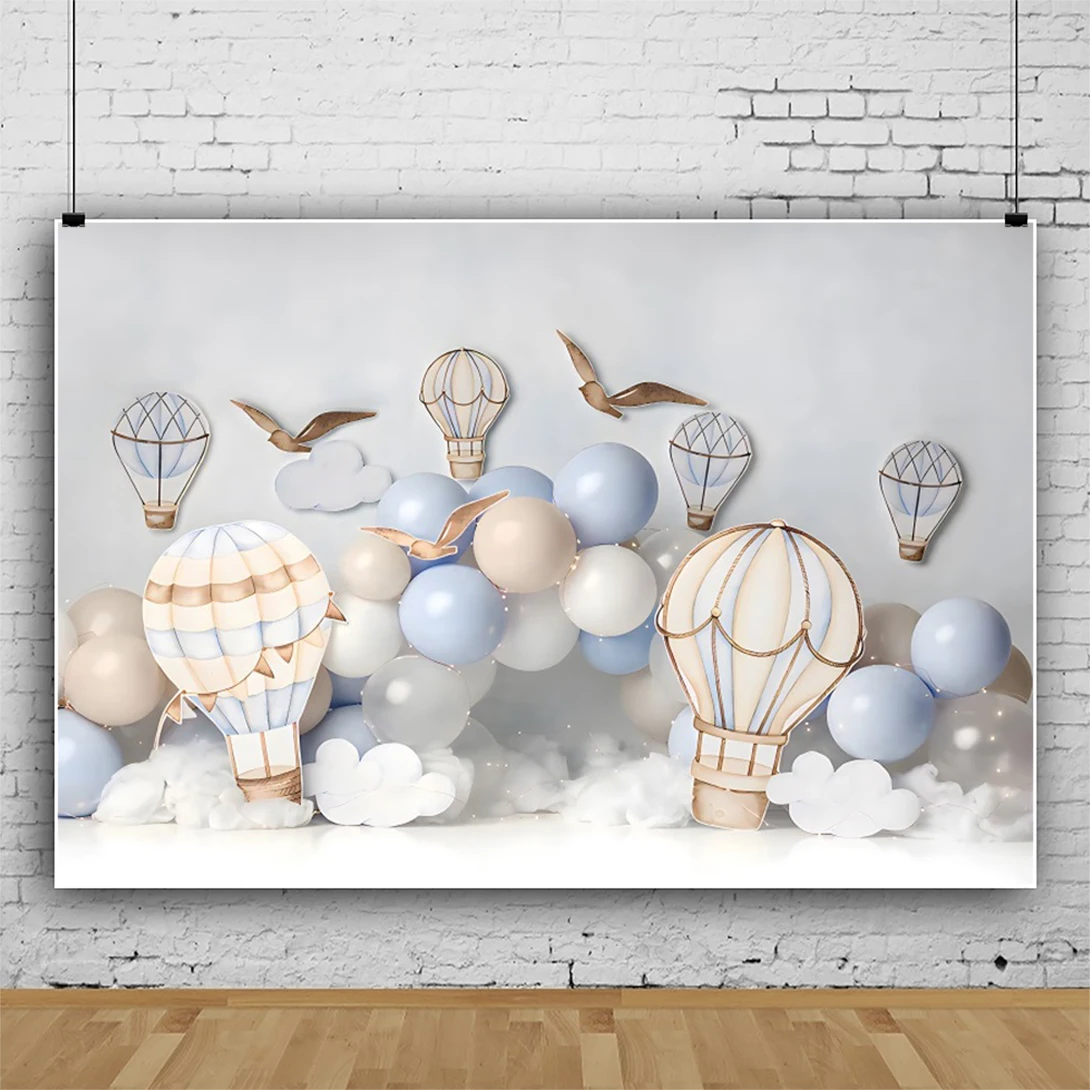 Laeacco Hot Air Balloon Party Scene Backdrop Blue Balloons Cloud Girl Birthday Party Baby Shower Portrait Photography Background