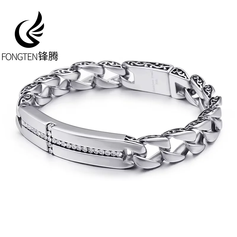 

Fongten 22cm Cross Zircon Bracelet For Men Stainless Steel Cuban Chain Charm Male Bangle Bracelets Silver Color Curb Jewelry